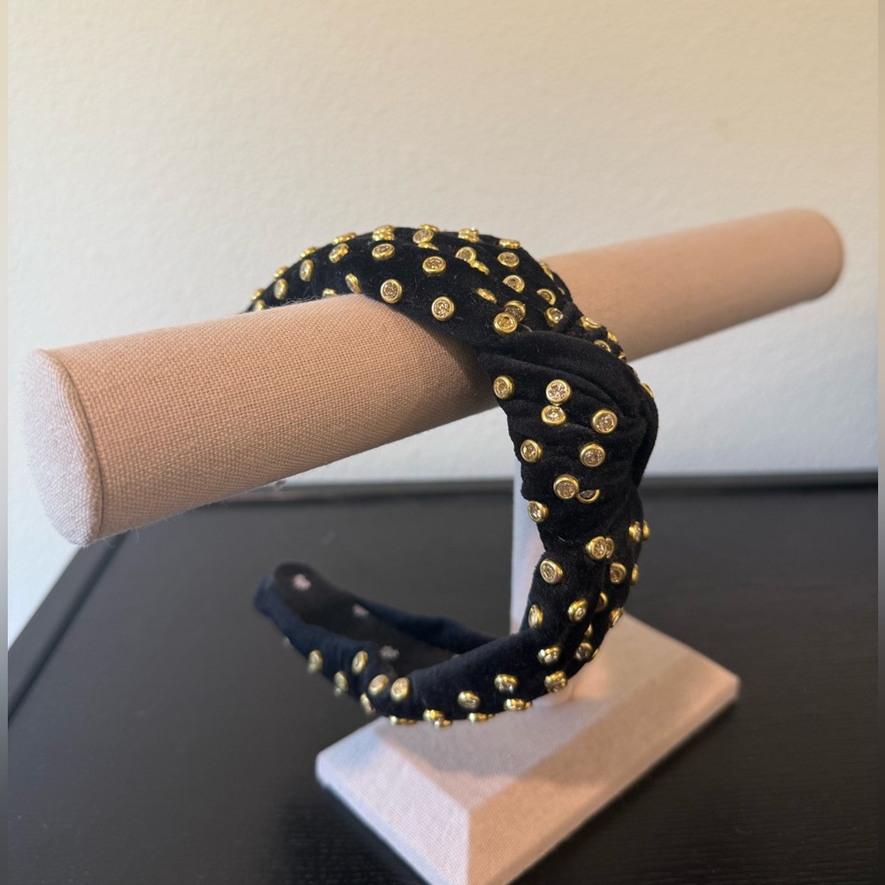 Lele Sadoughi Black Velvet Headband with Gold Details